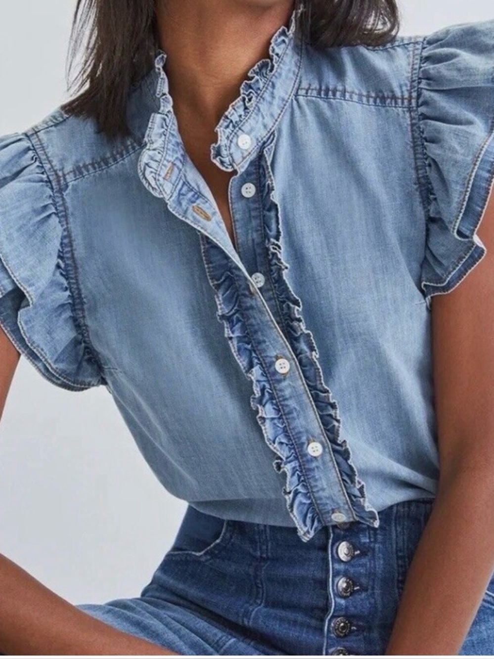 Veronica Beard Tennille Ruffled soft denim Button-Front shirt size XS